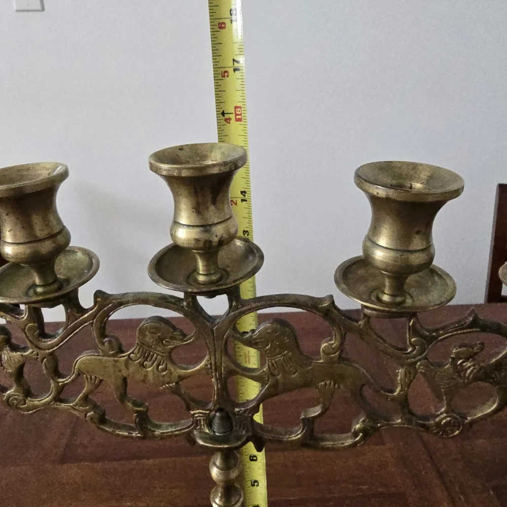 Antique Brass Five Branch Candelabra‎ ''Lions of Judah'' Judaic Candle Holder